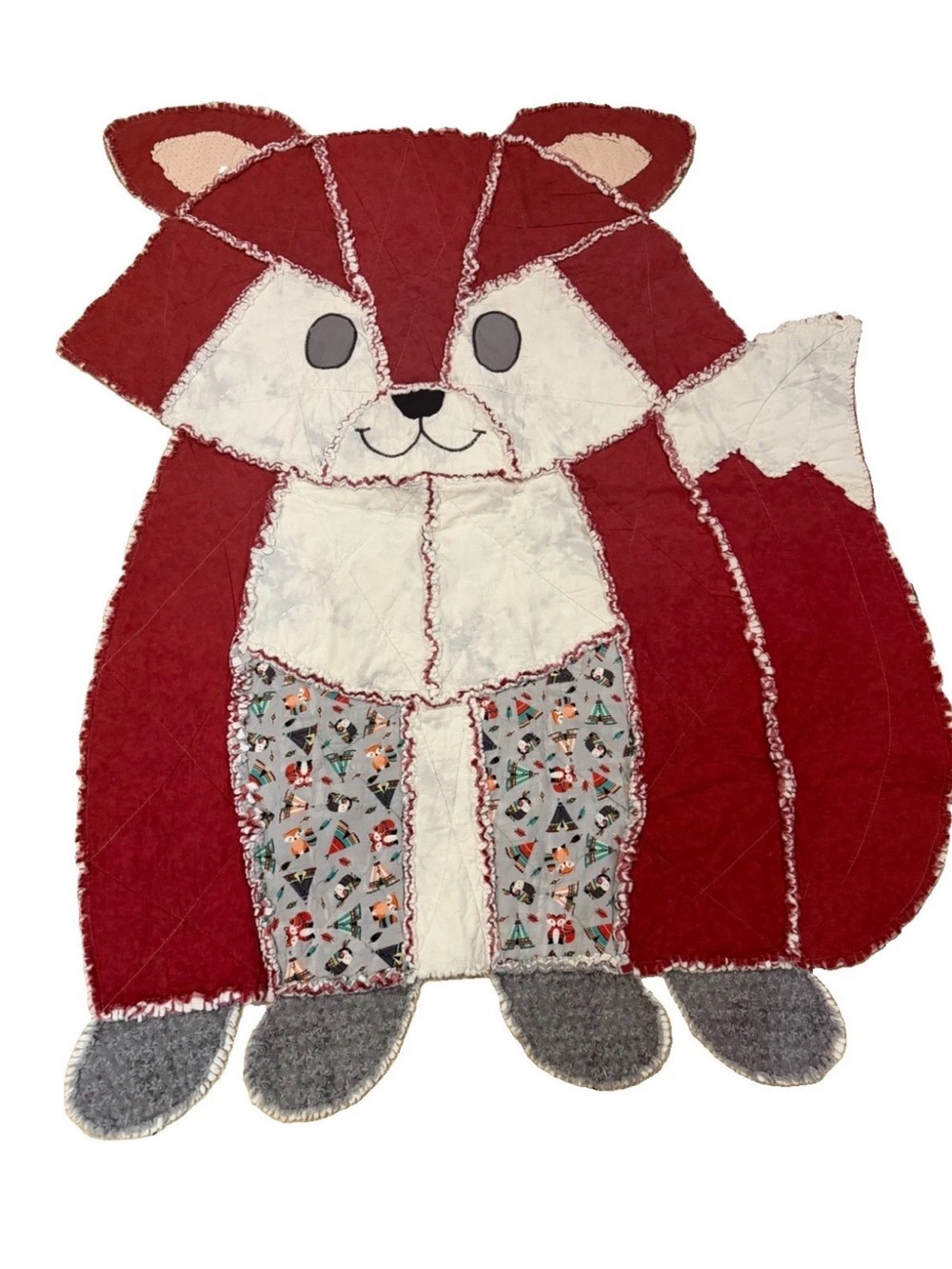 Vintage Handmade Fox Shaped Toddler Quilt Throw Blanket 55x42”